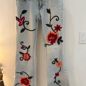 LONDONJEAN Floral Embroidered Flare Jeans - Black, Red, Orange